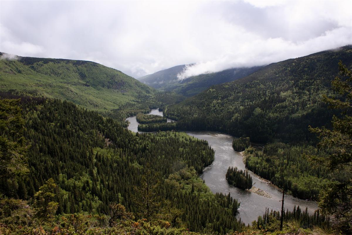 The Clearwater River winding through a forested valley below Green Mountain.