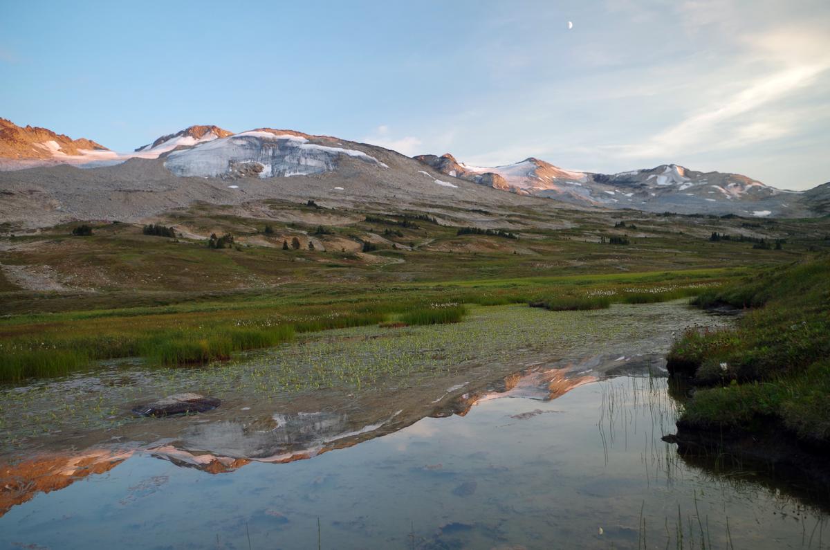 An alpine lake in a wide meadow, with rounded mountains behind it in the South Chilcotin.