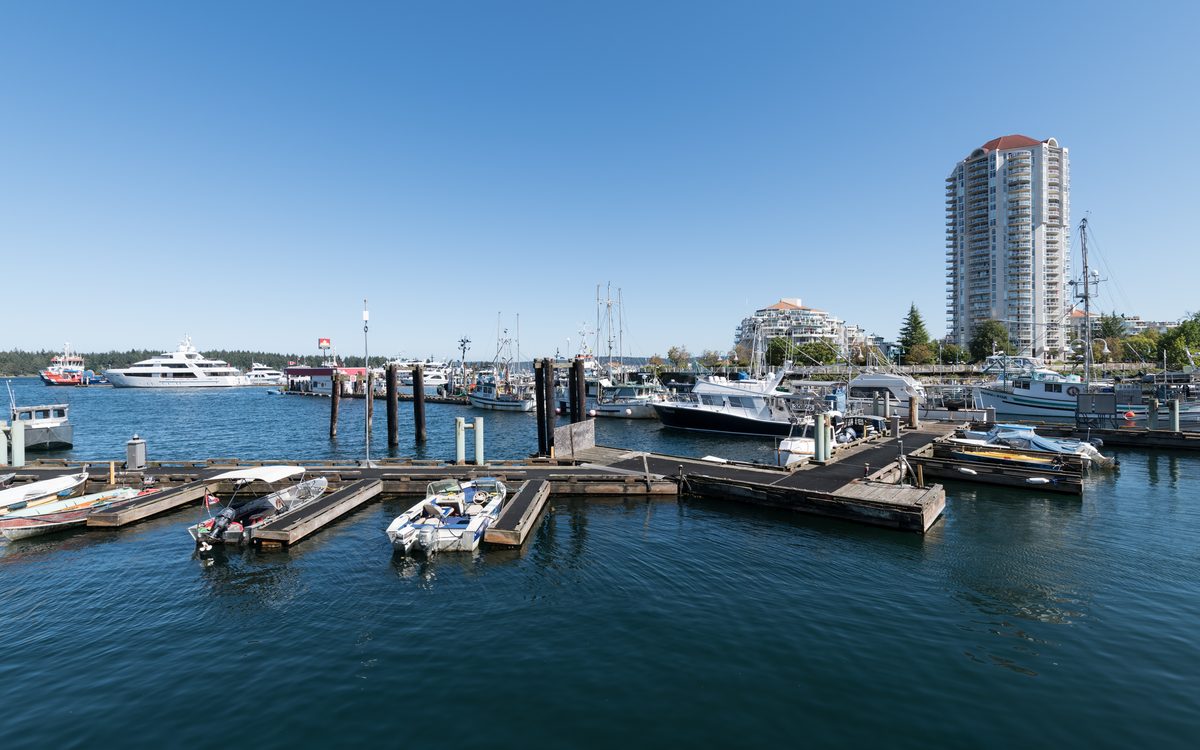 Boats moored at the docks of Nanaimo Harbour under a clear sky, with the downtown towers behind.