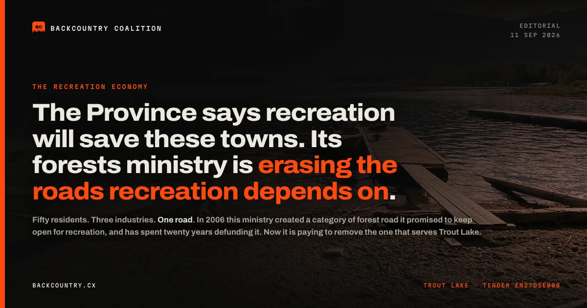 Card: the Trout Lake shoreline and public dock behind the headline “The Province says recreation will save these towns. Its forests ministry is erasing the roads recreation depends on,” the closing phrase in orange.