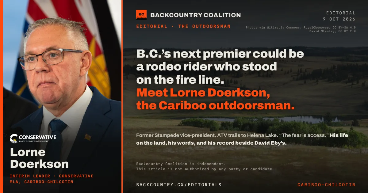 Open-graph card on near-black. On the left, a photograph of Lorne Doerkson, interim leader of the Conservative Party of BC and MLA for Cariboo-Chilcotin, with his name and the party mark beneath it. On the right, over a darkened photograph of Cariboo-Chilcotin cattle country, the headline: B.C.’s next premier could be a rodeo rider who stood on the fire line. Meet Lorne Doerkson, the Cariboo outdoorsman.