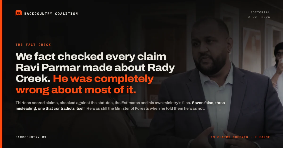 Card on near-black with an orange spine, over a still of Ravi Parmar speaking outdoors in a blue blazer at his Langford campaign office. Headline: we fact checked every claim he made about Rady Creek, and he was completely wrong about most of it. Footed 13 claims checked, 7 false.