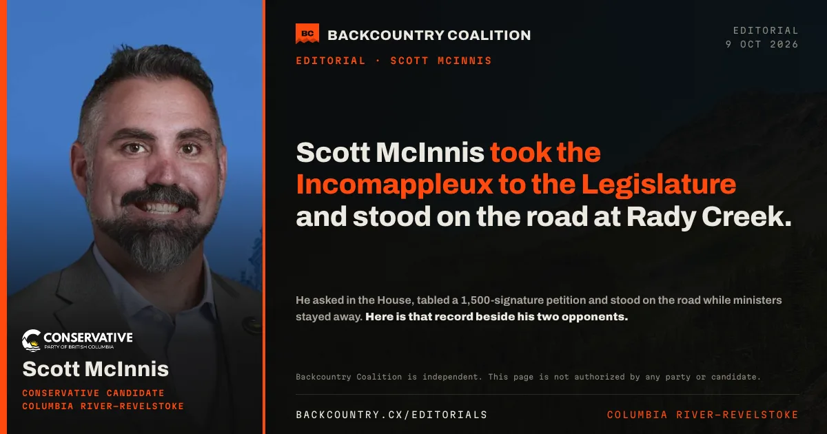 Open-graph card on near-black over a mountain photograph taken from the Rady Creek road. A portrait column carries Scott McInnis, Conservative candidate for Columbia River-Revelstoke, with the Conservative Party of British Columbia mark above his name, beside the headline: Scott McInnis took the Incomappleux to the Legislature and stood on the road at Rady Creek.