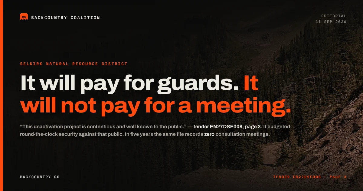 Card: the Rady Creek road bed switching back into timber behind the headline “It will pay for guards. It will not pay for a meeting,” the second sentence in orange.