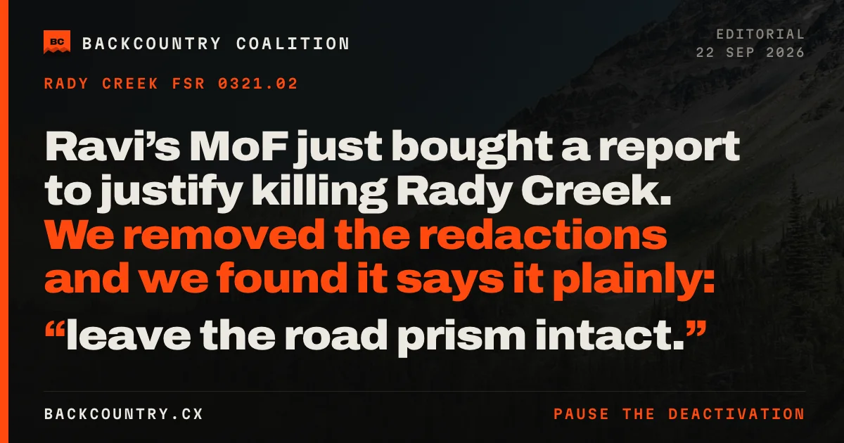 Card on near-black with an orange spine: a large 115 m beside the words “of a 3,980 metre road”, under the headline that the ministry’s own geoscientist prescribed leaving the Rady Creek road prism intact.