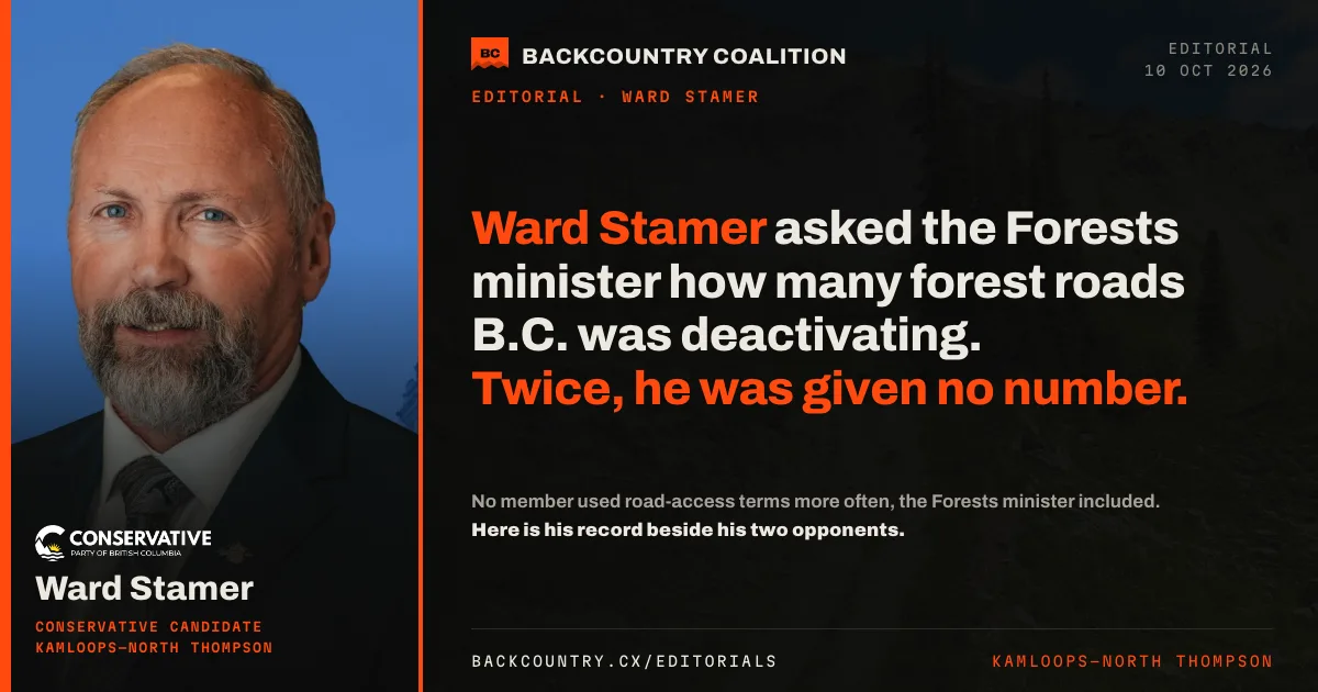 Open-graph card on near-black over a forest service road photograph. A portrait column carries Ward Stamer, Conservative candidate for Kamloops-North Thompson, with the Conservative Party of British Columbia mark above his name, beside the headline: Ward Stamer asked the Forests minister how many forest roads B.C. was deactivating. Twice, he was given no number.