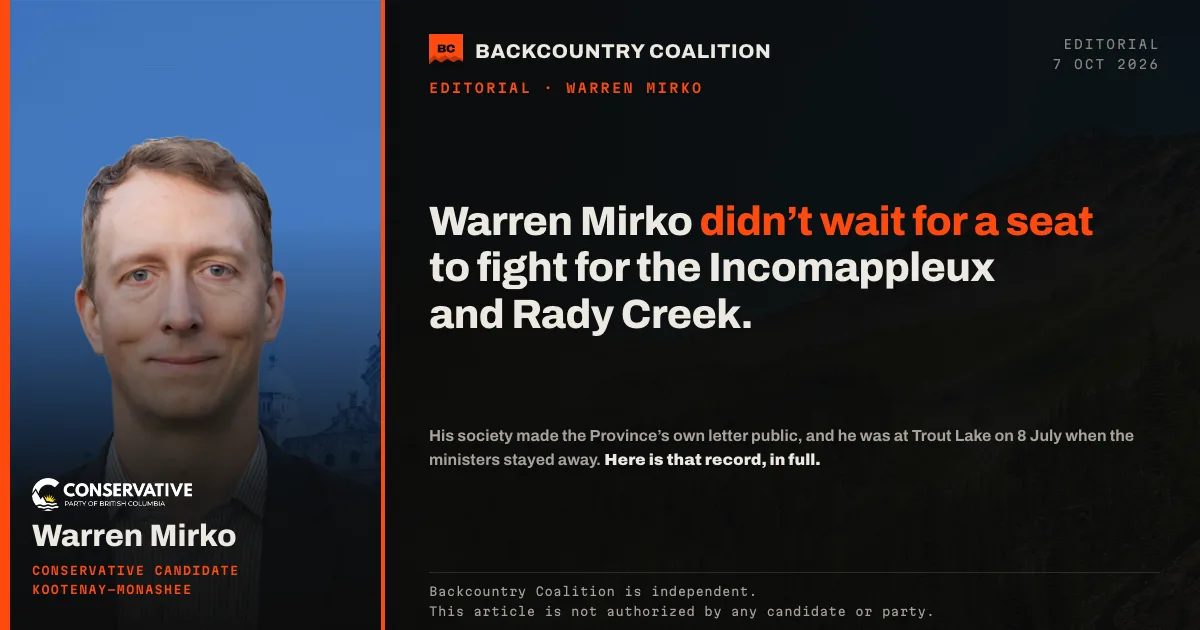 A dark card. On the left, a portrait of Warren Mirko above his name and the line Conservative candidate, Kootenay-Monashee. On the right, the Backcountry Coalition mark and the headline: Warren Mirko didn&rsquo;t wait for a seat to fight for the Incomappleux and Rady Creek. Beneath it: His society made the Province&rsquo;s own letter public, and he was at Trout Lake on 8 July when the ministers stayed away. Along the bottom: Backcountry Coalition is independent. This article is not authorized by any candidate or party.