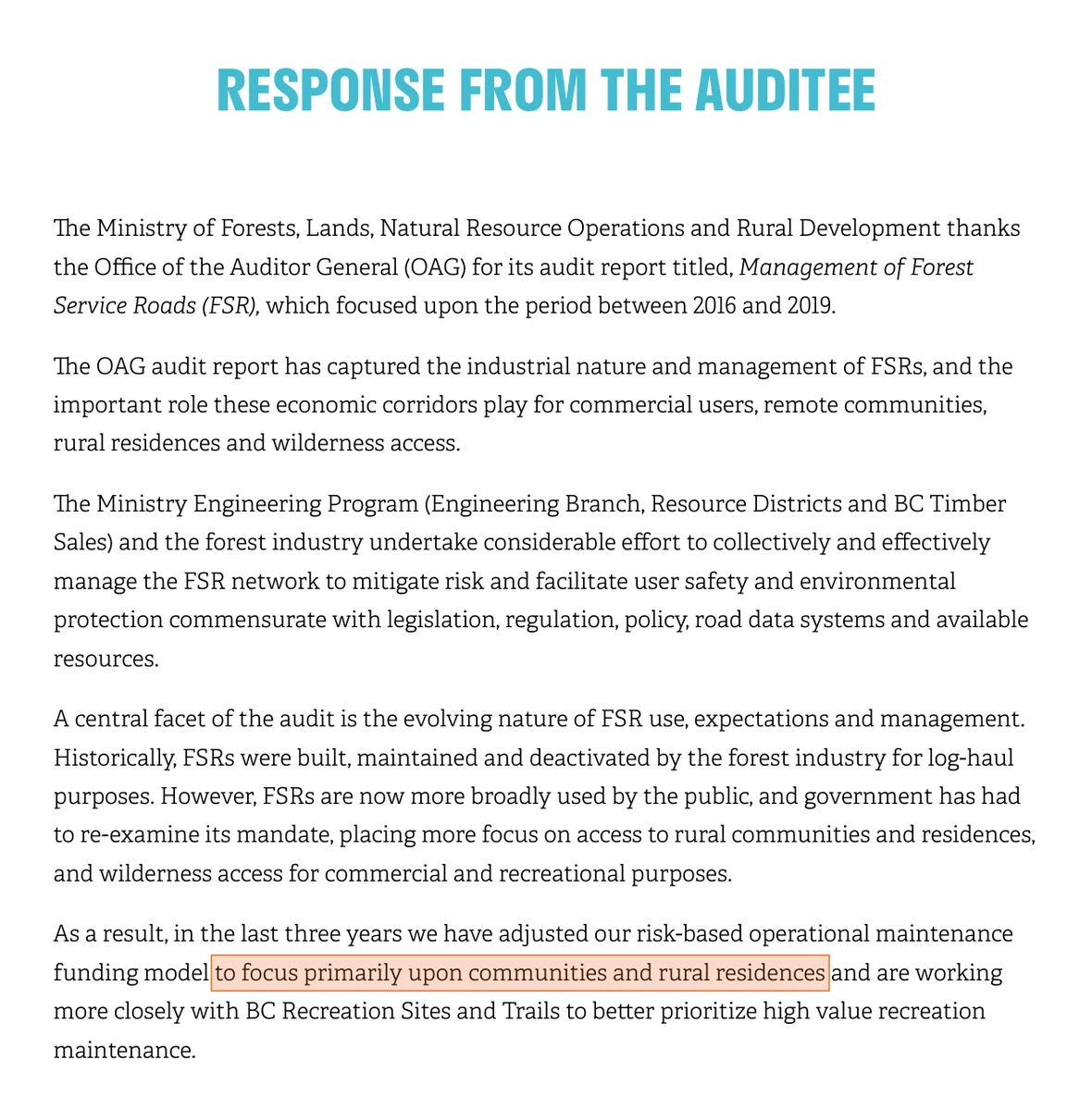 The Response from the Auditee printed inside the November 2020 Auditor General report, with the sentence about adjusting the risk-based operational maintenance funding model to focus primarily upon communities and rural residences highlighted.