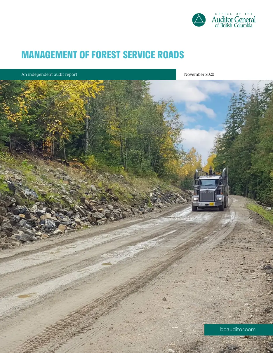 Page 1 of Management of Forest Service Roads, Auditor General of British Columbia, November 2020.