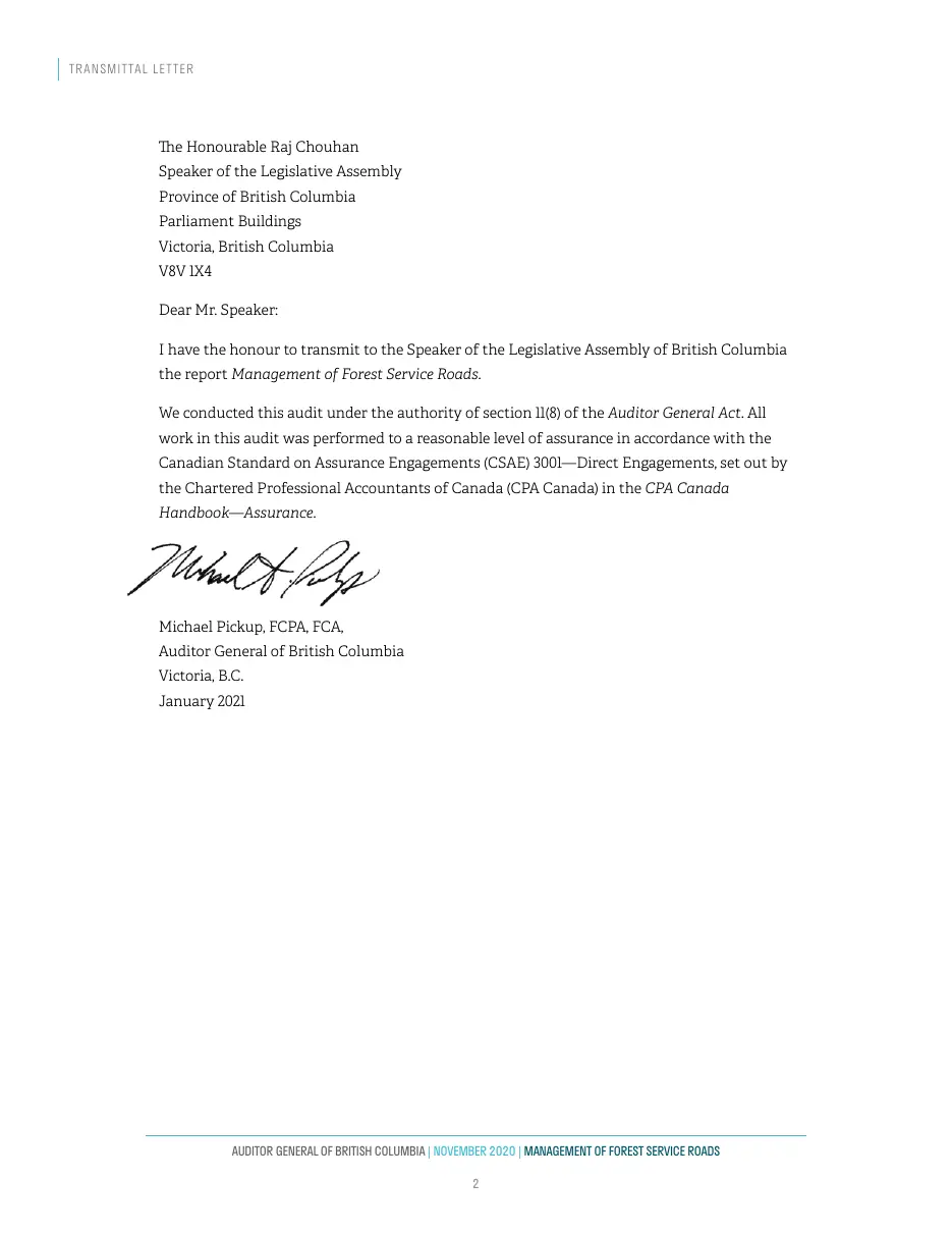 Page 2 of Management of Forest Service Roads, Auditor General of British Columbia, November 2020.
