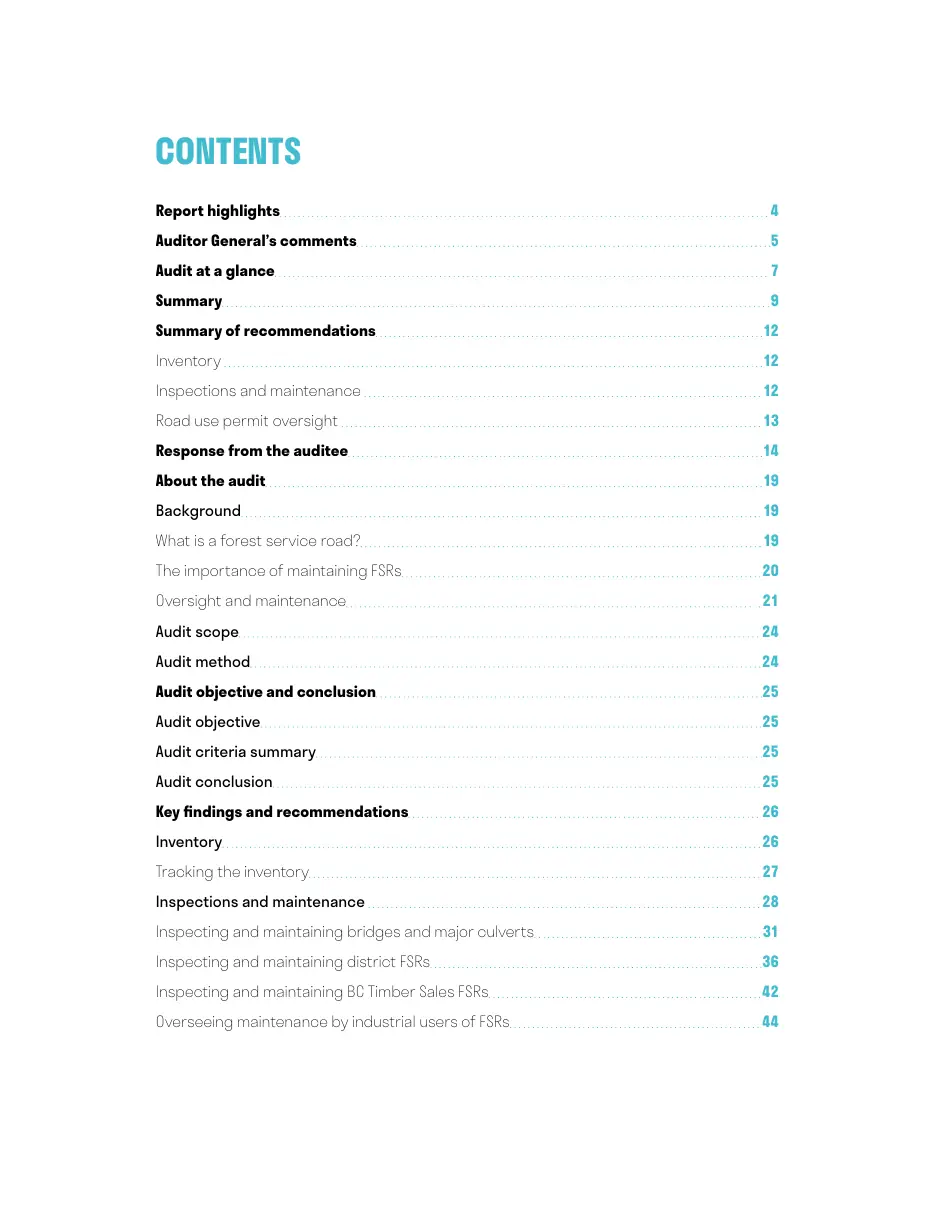 Page 3 of Management of Forest Service Roads, Auditor General of British Columbia, November 2020.
