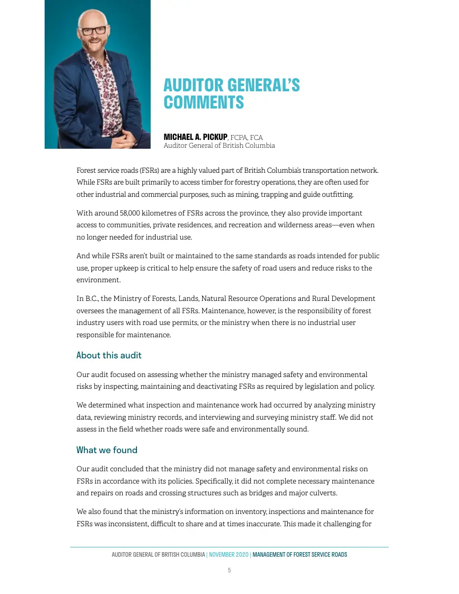 Page 6 of Management of Forest Service Roads, Auditor General of British Columbia, November 2020.