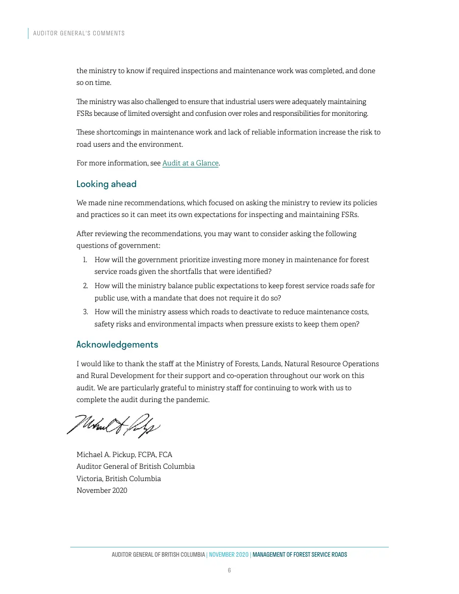 Page 7 of Management of Forest Service Roads, Auditor General of British Columbia, November 2020.