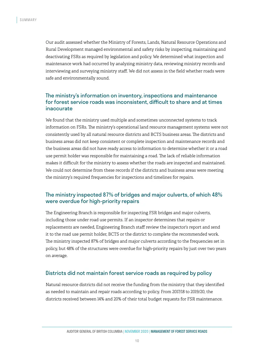 Page 11 of Management of Forest Service Roads, Auditor General of British Columbia, November 2020.