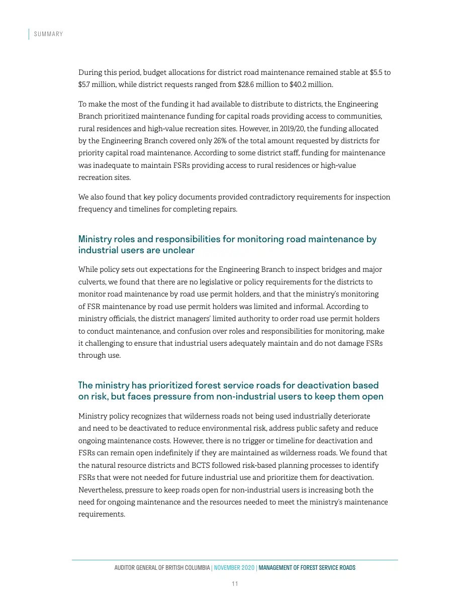 Page 12 of Management of Forest Service Roads, Auditor General of British Columbia, November 2020.