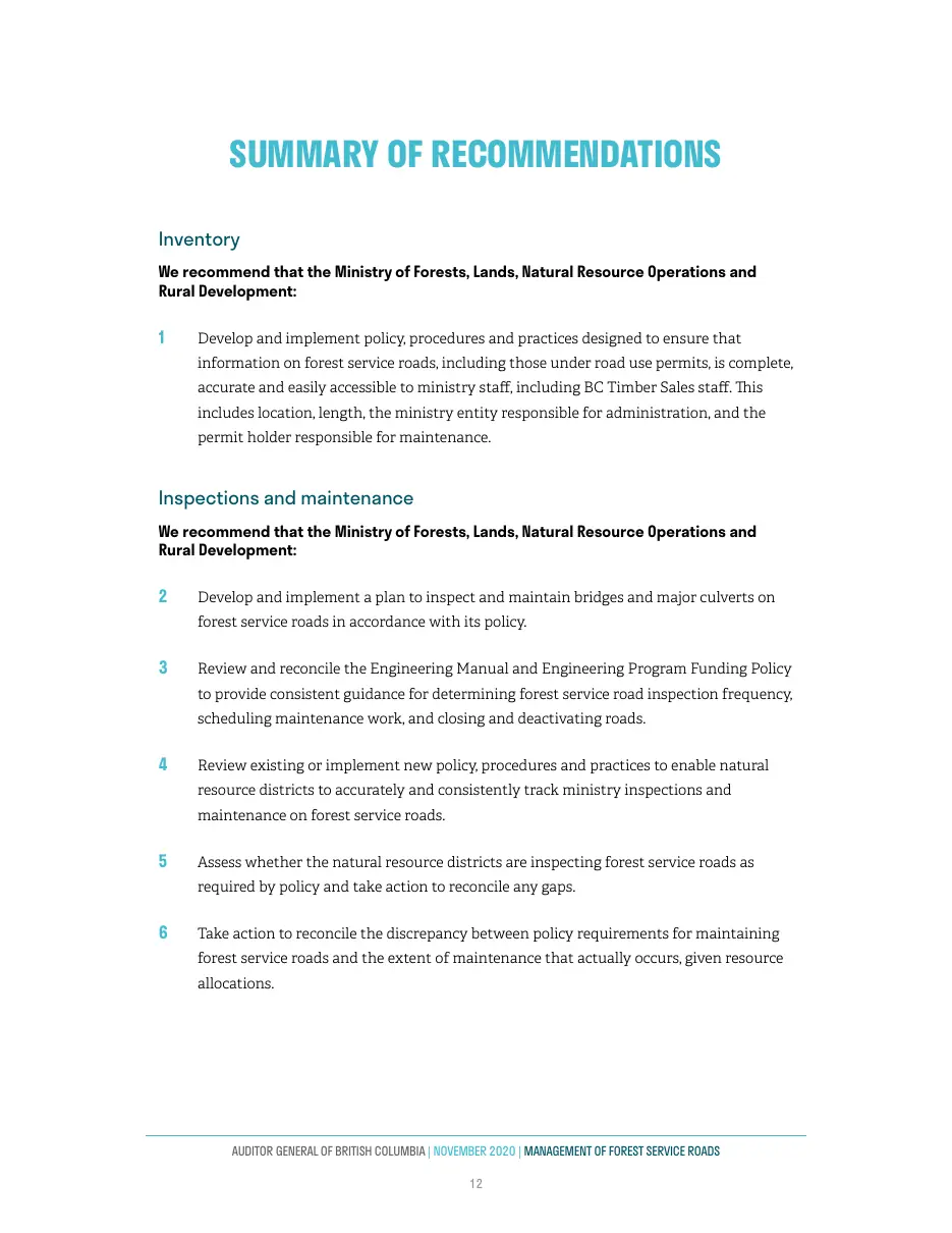 Page 13 of Management of Forest Service Roads, Auditor General of British Columbia, November 2020.