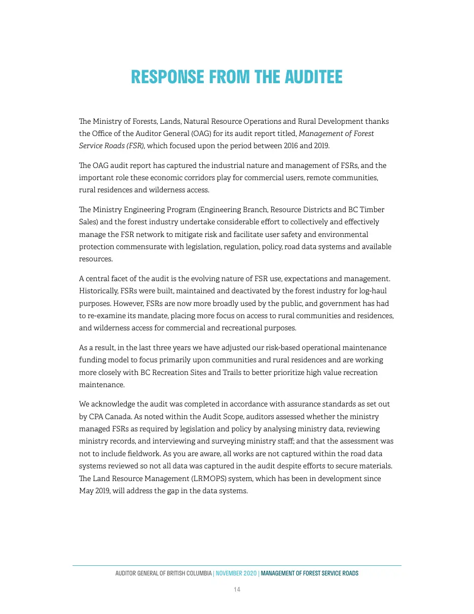 Page 15 of Management of Forest Service Roads, Auditor General of British Columbia, November 2020.
