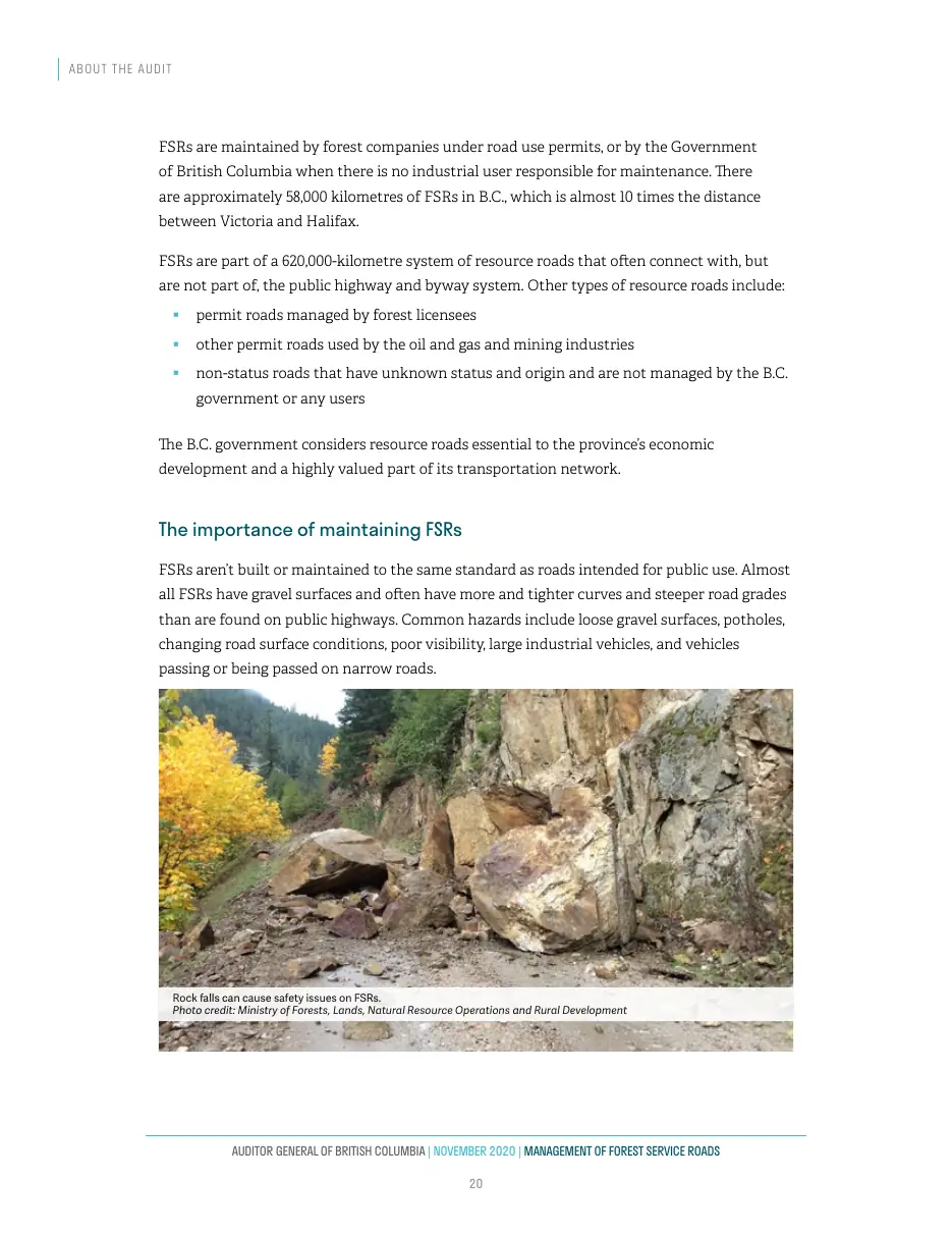 Page 21 of Management of Forest Service Roads, Auditor General of British Columbia, November 2020.