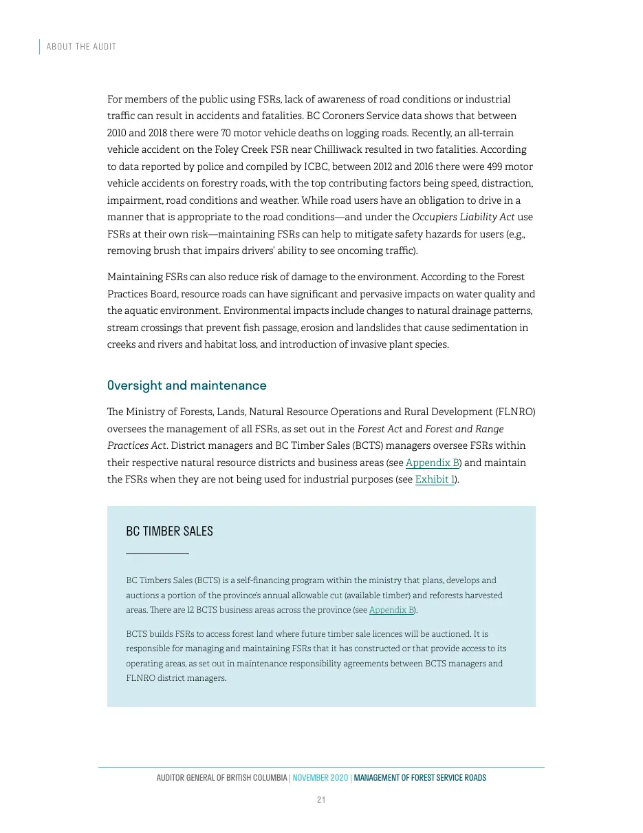 Page 22 of Management of Forest Service Roads, Auditor General of British Columbia, November 2020.