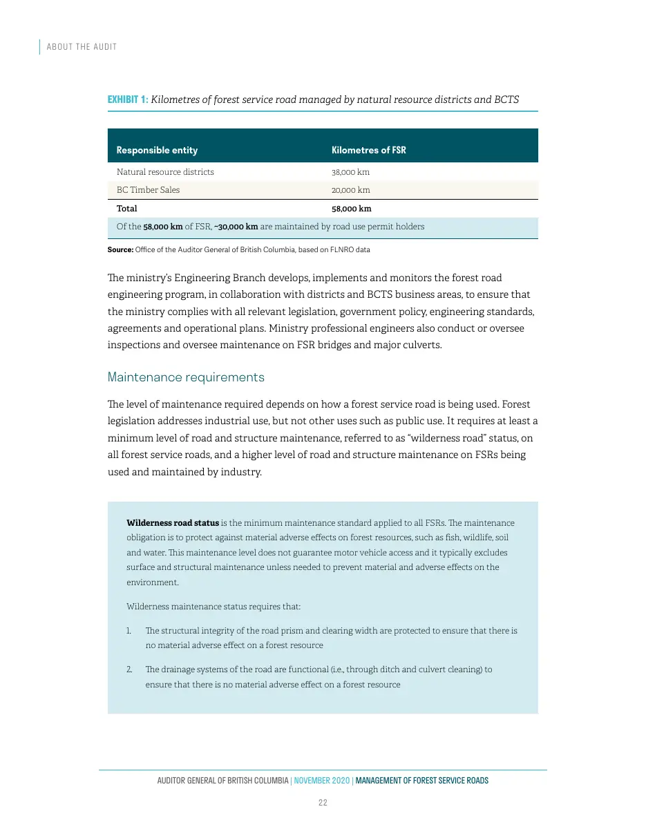 Page 23 of Management of Forest Service Roads, Auditor General of British Columbia, November 2020.