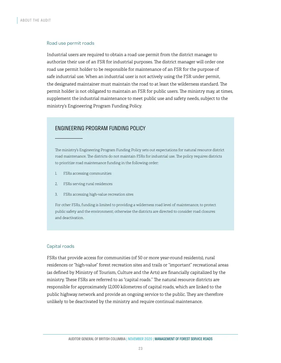 Page 24 of Management of Forest Service Roads, Auditor General of British Columbia, November 2020.