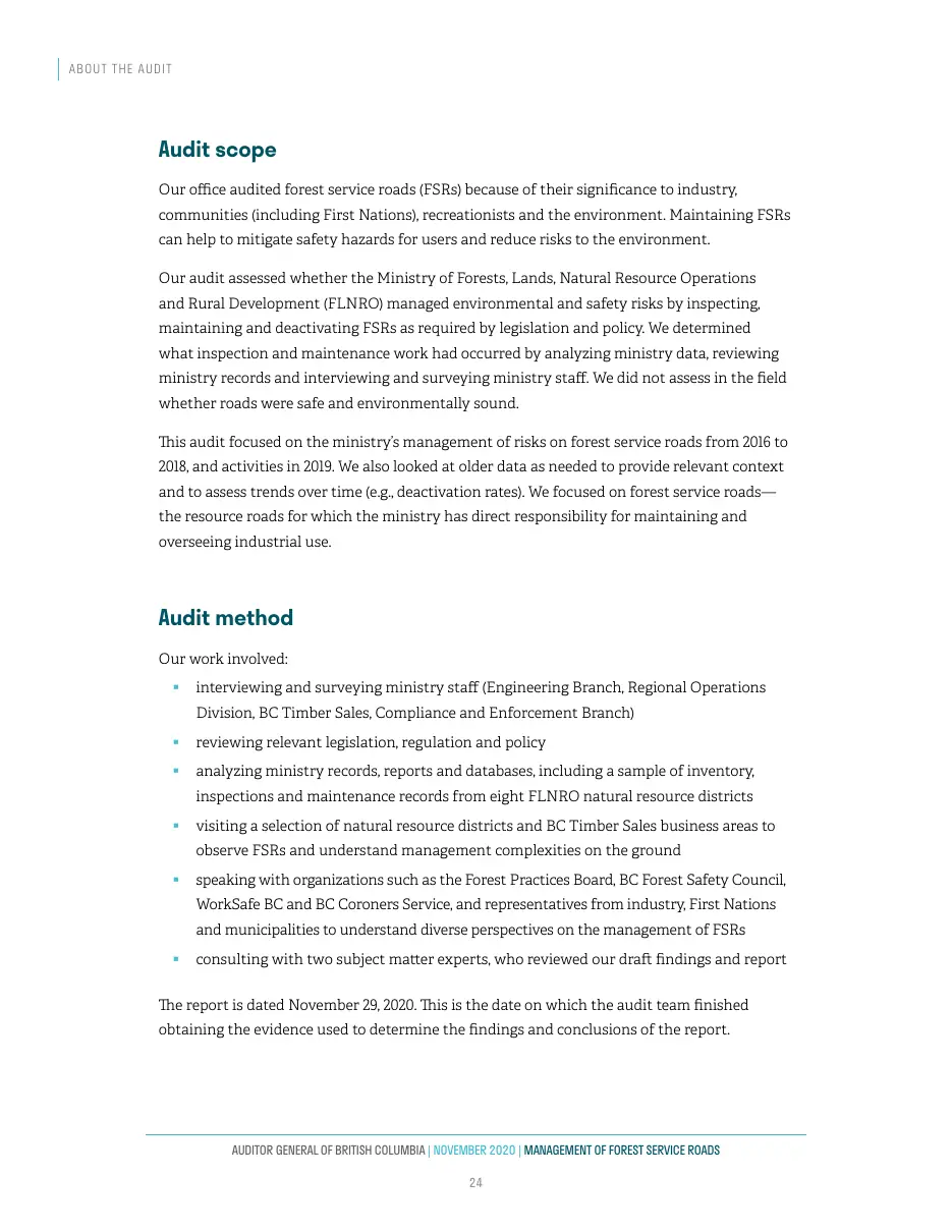 Page 25 of Management of Forest Service Roads, Auditor General of British Columbia, November 2020.