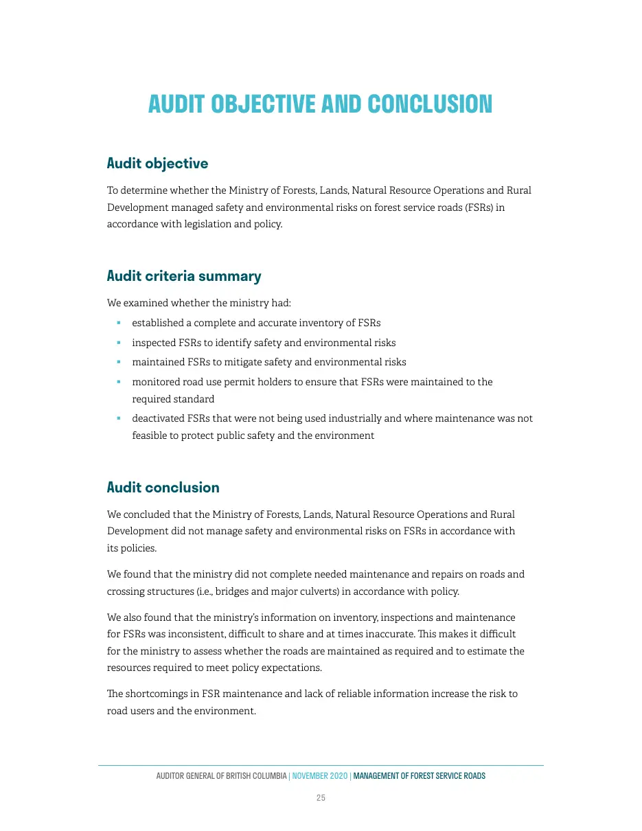 Page 26 of Management of Forest Service Roads, Auditor General of British Columbia, November 2020.