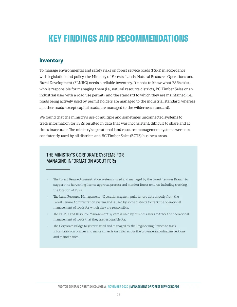 Page 27 of Management of Forest Service Roads, Auditor General of British Columbia, November 2020.