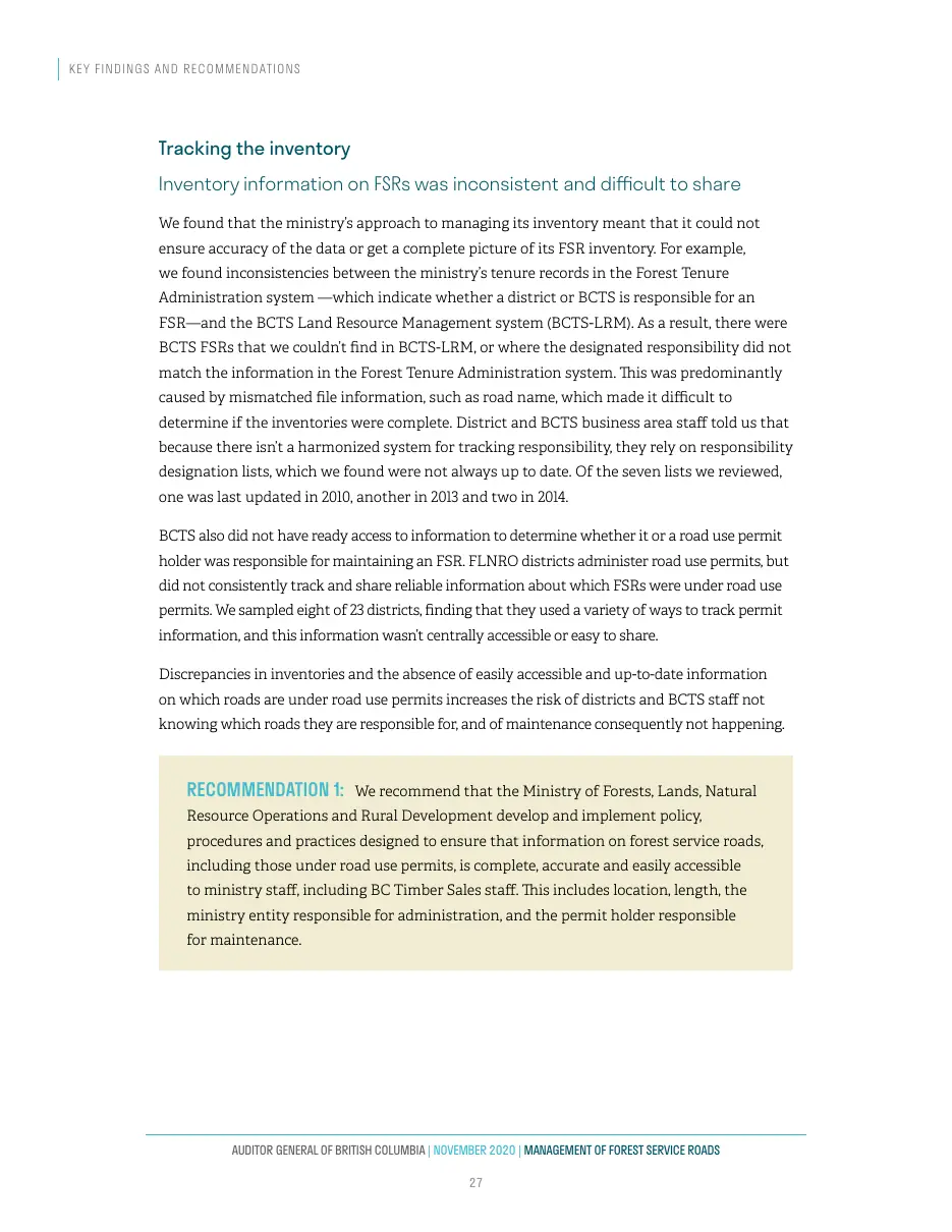 Page 28 of Management of Forest Service Roads, Auditor General of British Columbia, November 2020.
