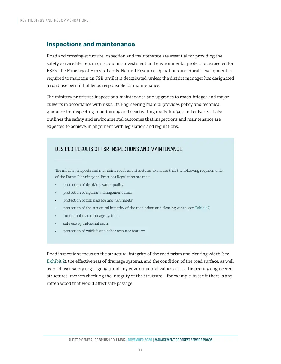 Page 29 of Management of Forest Service Roads, Auditor General of British Columbia, November 2020.