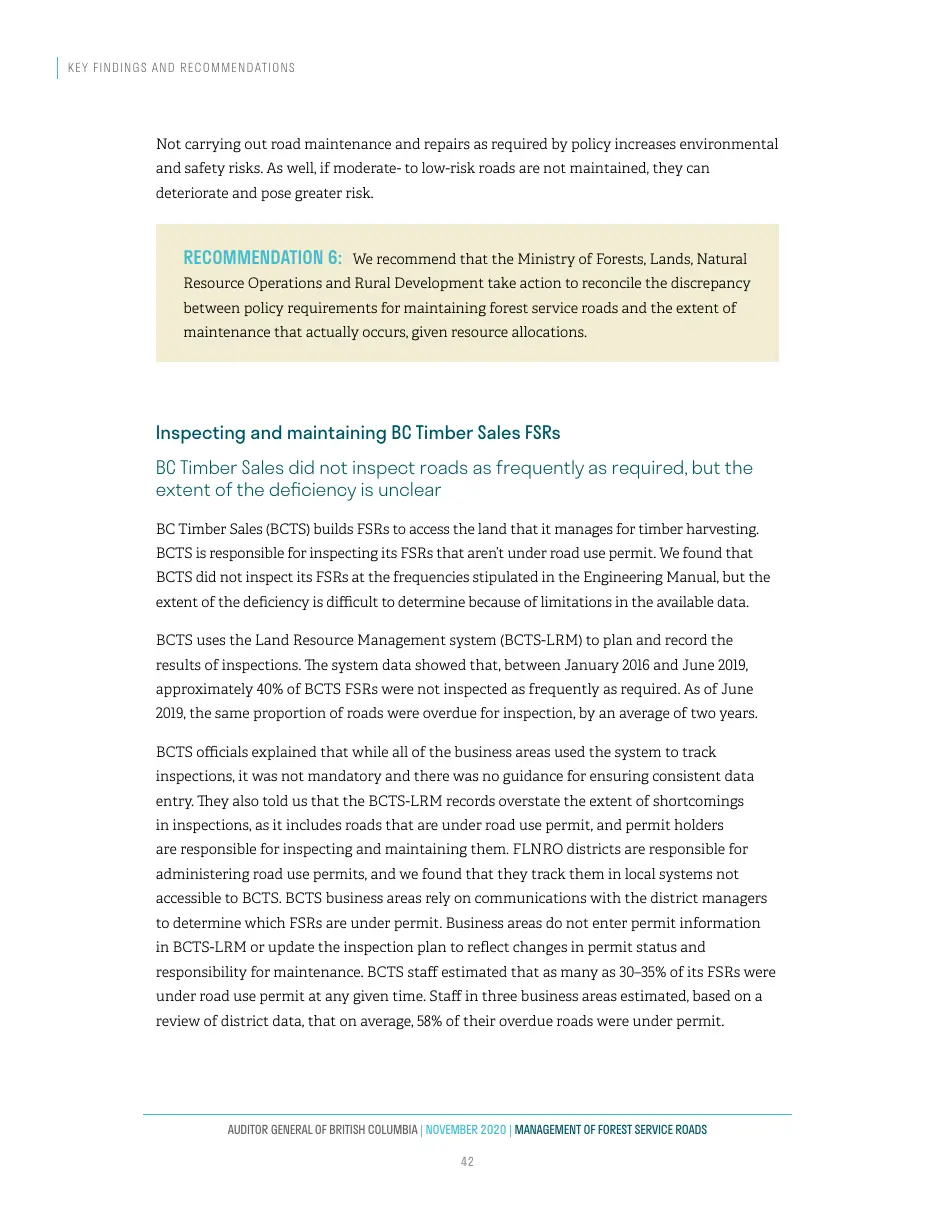 Page 43 of Management of Forest Service Roads, Auditor General of British Columbia, November 2020.