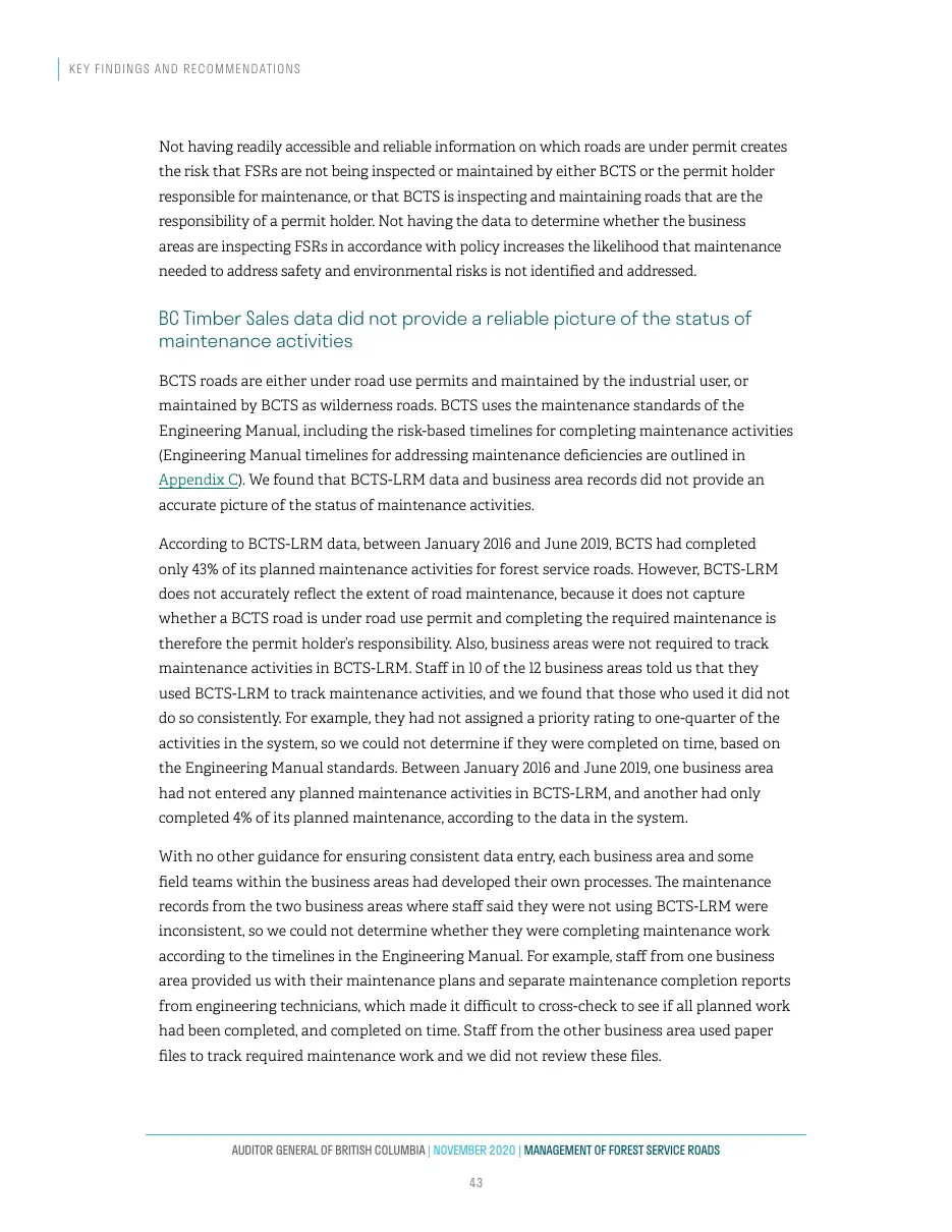Page 44 of Management of Forest Service Roads, Auditor General of British Columbia, November 2020.