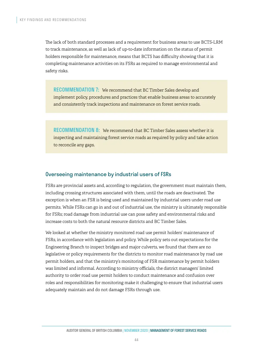 Page 45 of Management of Forest Service Roads, Auditor General of British Columbia, November 2020.