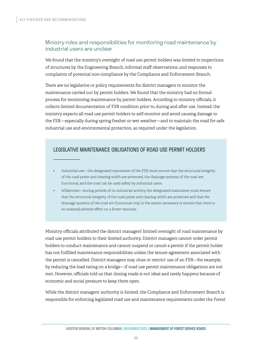 Page 46 of Management of Forest Service Roads, Auditor General of British Columbia, November 2020.