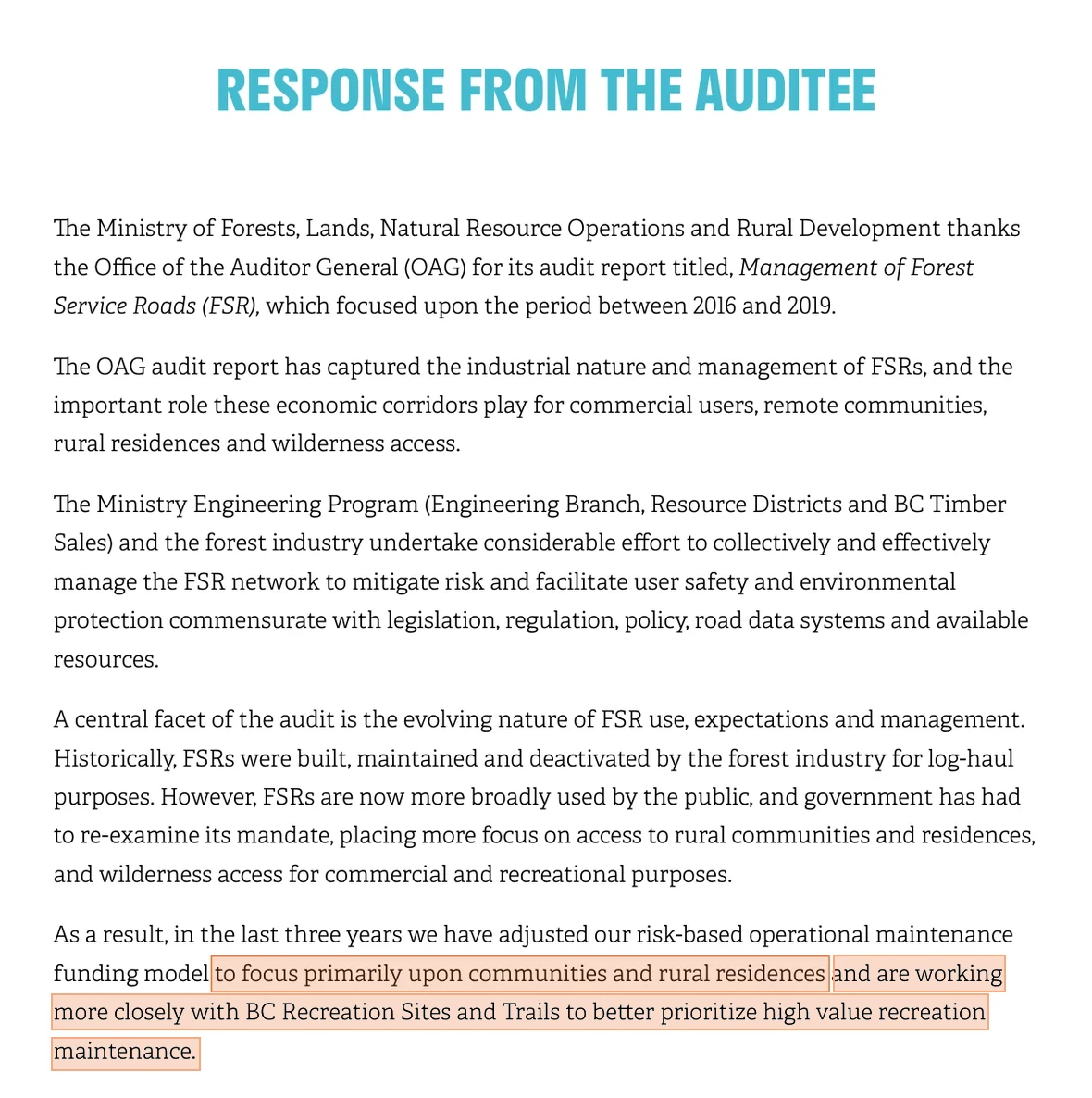 The Response from the Auditee printed inside the November 2020 Auditor General report, with the sentence about adjusting the risk-based operational maintenance funding model to focus primarily upon communities and rural residences highlighted.