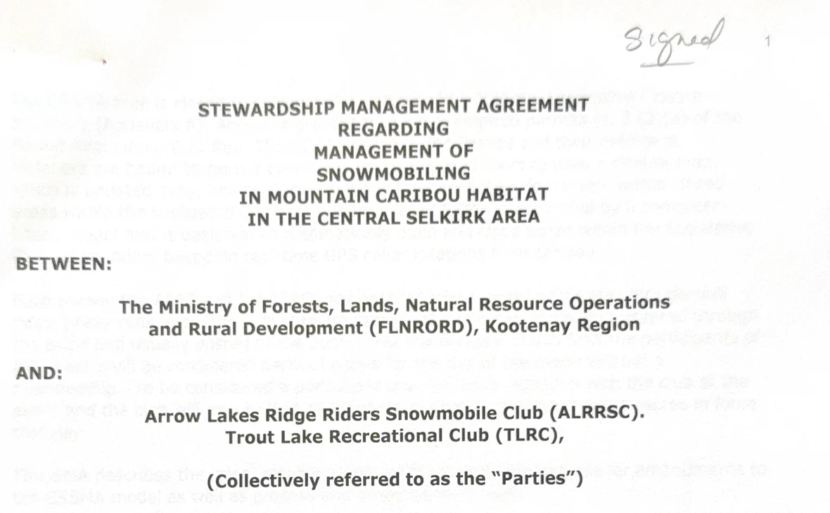 Title page of the Stewardship Management Agreement for snowmobiling in mountain caribou habitat in the Central Selkirk area, between FLNRORD Kootenay Region, the Arrow Lakes Ridge Riders Snowmobile Club and the Trout Lake Recreational Club.
