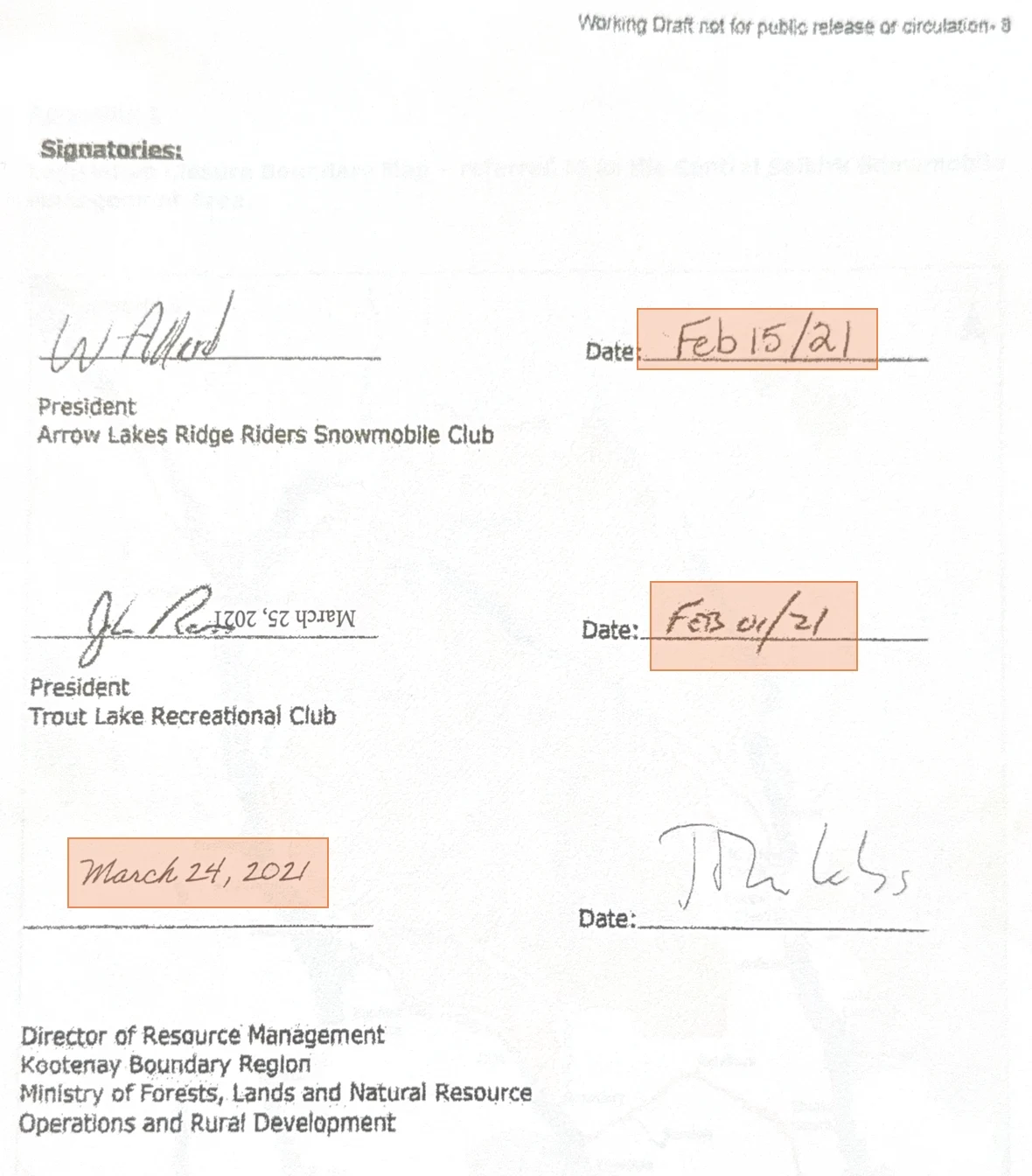 Signature page of the same Stewardship Management Agreement, showing the two club presidents signing in February 2021 and the Ministry signing on 24 March 2021.