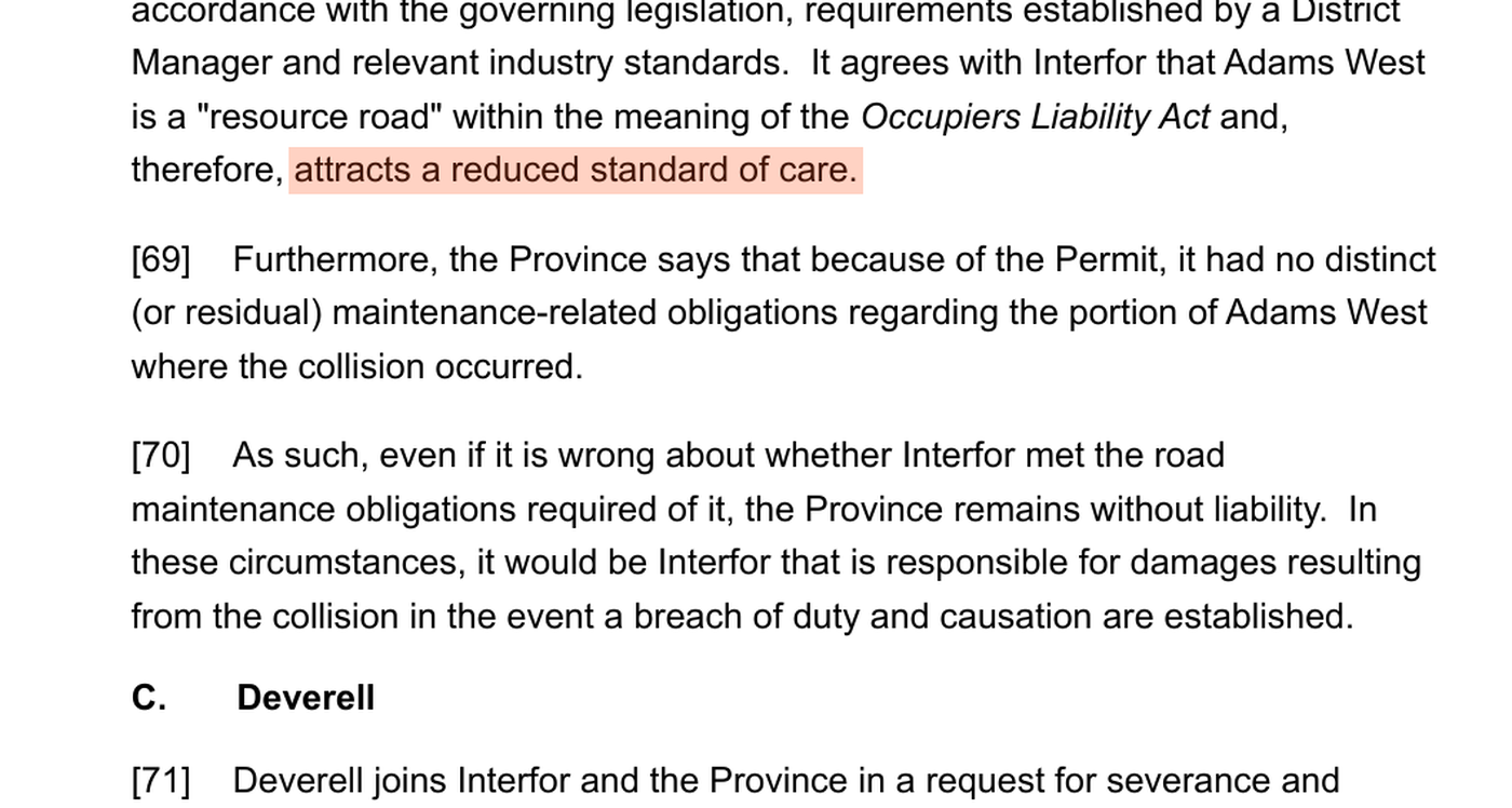 Paragraph 68 of Oviatt v. Masi as published by the BC courts, recording that the Province agrees with Interfor that Adams West is a resource road within the meaning of the Occupiers Liability Act and therefore attracts a reduced standard of care. The words attracts a reduced standard of care are highlighted.