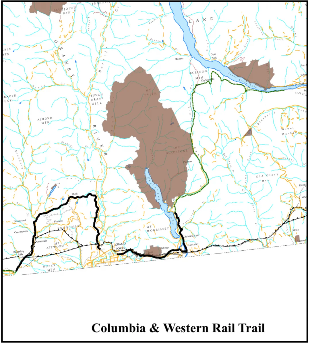 The Columbia and Western Rail Trail inset from the map attached to Ministerial Order M322. A heavy black line marks the recreation trail from the west through Grand Forks and up the west side of Christina Lake. North of Christina Lake the route continues past Paulson, Farron and along Lower Arrow Lake toward Castlegar only as a thin green dashed line, no longer drawn as part of the trail.