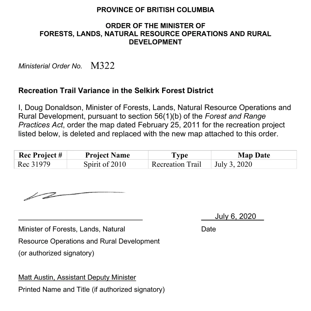 Page 1 of Ministerial Order M322 of the Province of British Columbia, order of the Minister of Forests, Lands, Natural Resource Operations and Rural Development, headed Recreation Trail Variance in the Selkirk Forest District. It reads: I, Doug Donaldson, Minister, pursuant to section 56(1)(b) of the Forest and Range Practices Act, order the map dated February 25, 2011 for the recreation project listed below, is deleted and replaced with the new map attached to this order. A table lists Rec Project number Rec 31979, project name Spirit of 2010, type Recreation Trail, map date July 3, 2020. It is signed and dated July 6, 2020 by Matt Austin, Assistant Deputy Minister, as authorized signatory.