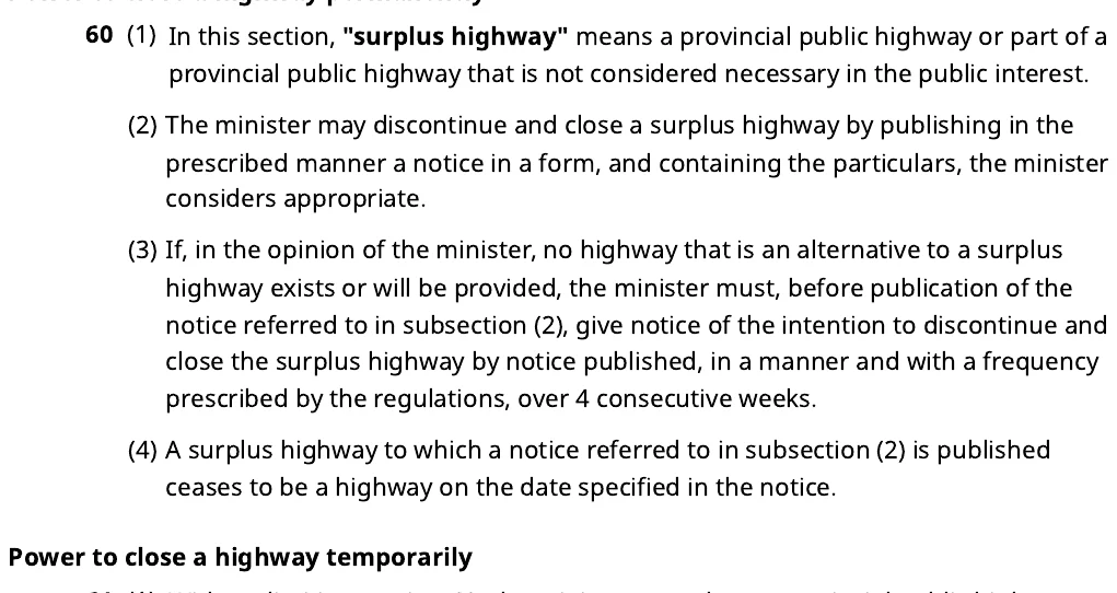 Section 60 of the Transportation Act, defining a surplus highway as a provincial public highway that is not considered necessary in the public interest, and empowering the minister to discontinue and close it by publishing a notice.