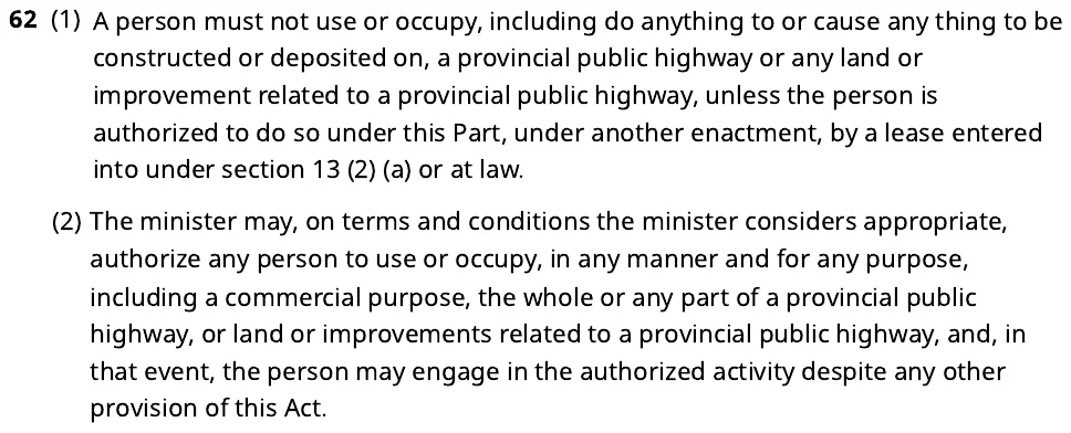 Section 62 of the Transportation Act, subsection 1 providing that a person must not use or occupy a provincial public highway unless authorized, and subsection 2 providing that the minister may authorize a person to use or occupy a highway for any purpose.