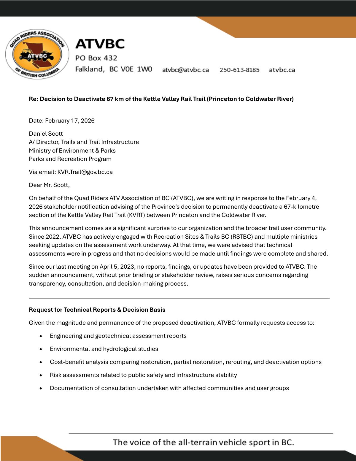Page 1 of the Quad Riders ATV Association of BC letter of 17 February 2026: it responds to the February 4 stakeholder notification, says ATVBC was advised that no decisions would be made until findings were complete and shared, says no reports have been provided since its last meeting on April 5, 2023, and requests the engineering, environmental, cost-benefit, risk and consultation records.
