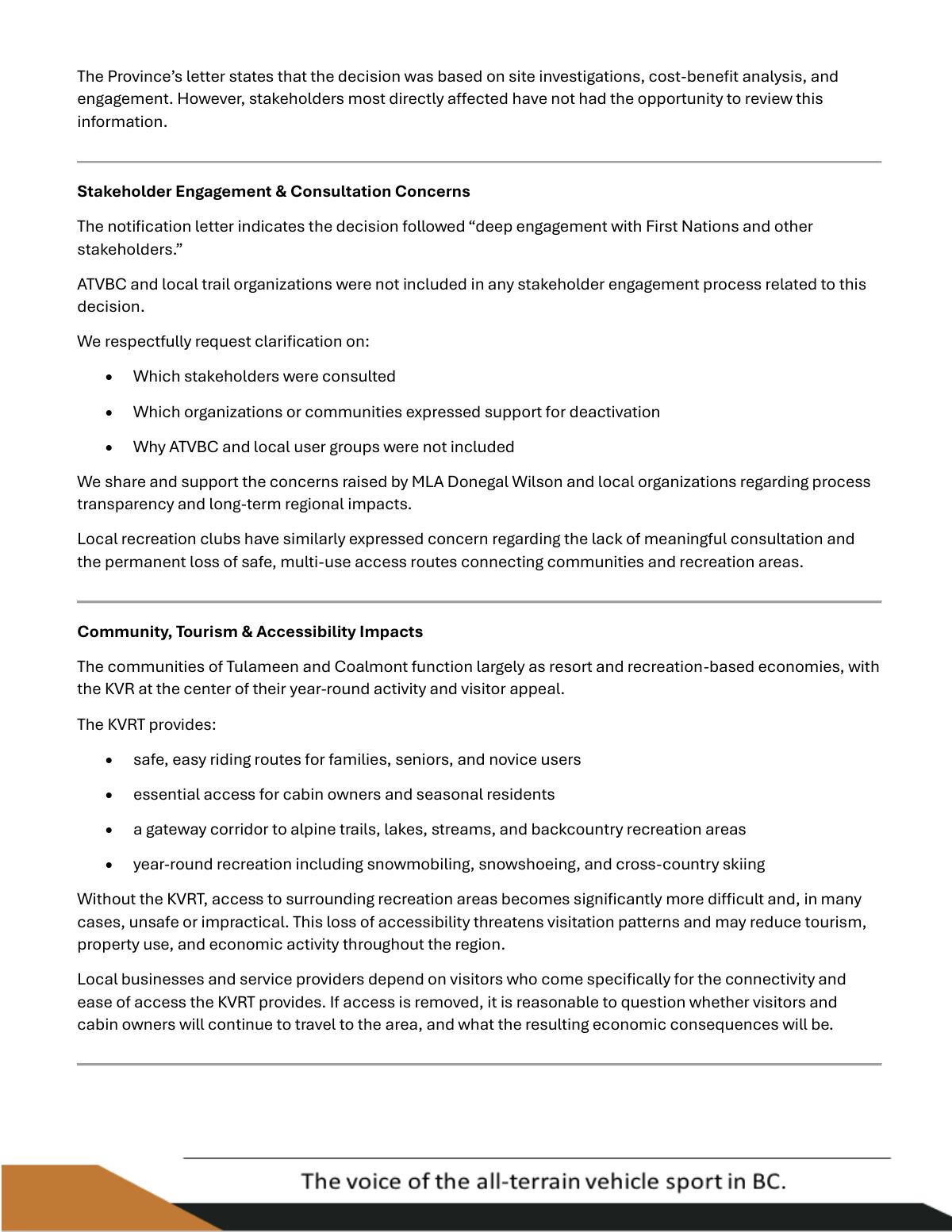 Page 2 of the ATVBC letter: it quotes the ministry's notice that the decision followed deep engagement with First Nations and other stakeholders and asks which stakeholders were consulted, says ATVBC and local trail organizations were not included in any engagement, and says it shares the concerns raised by MLA Donegal Wilson about transparency and regional impacts.