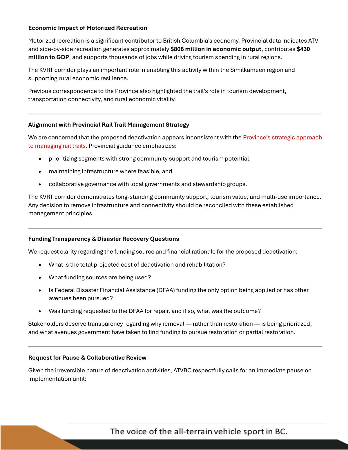 Page 3 of the ATVBC letter, on the economic contribution of motorized recreation and on whether deactivation fits the Province's own approach to managing rail trails.