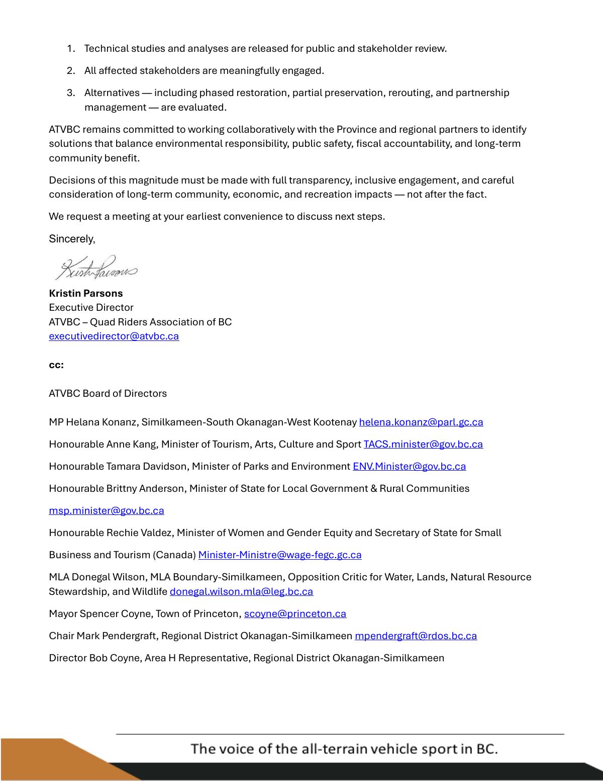 Page 4 of the ATVBC letter: it asks that technical studies be released, affected stakeholders engaged and alternatives such as phased restoration evaluated, requests a meeting, and is signed by its executive director, followed by the start of its copy list.