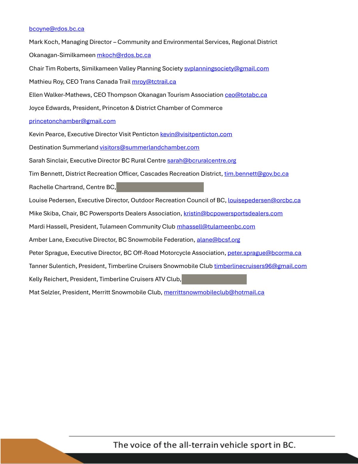 Page 5 of the ATVBC letter: the copy list of ministers, MLAs, the MP, local officials and organisations. Two private individuals' personal email addresses are covered by grey bars.