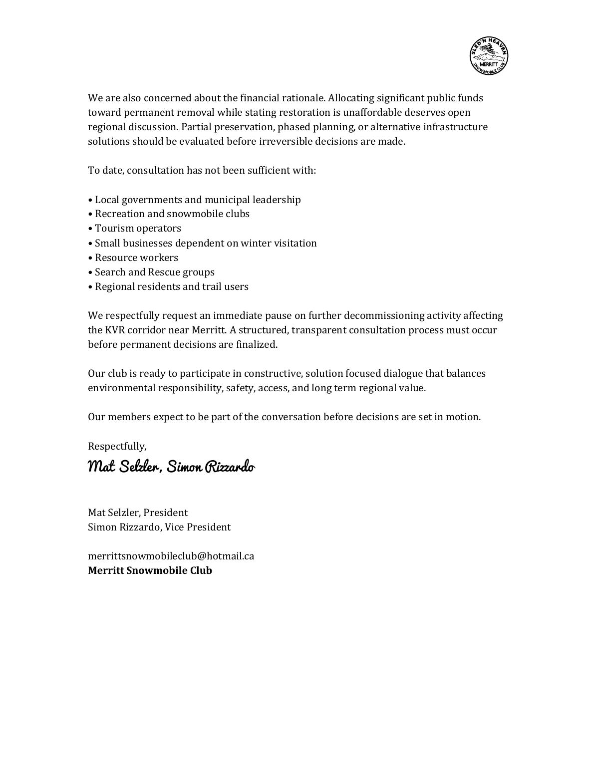 Page 2: the club questions the financial rationale, lists groups it says were not sufficiently consulted, requests an immediate pause on decommissioning near Merritt and a structured consultation, and is signed by the club president and vice-president, followed by the start of the copy list of ministers, MLAs, the MP, mayors and regional district officials.