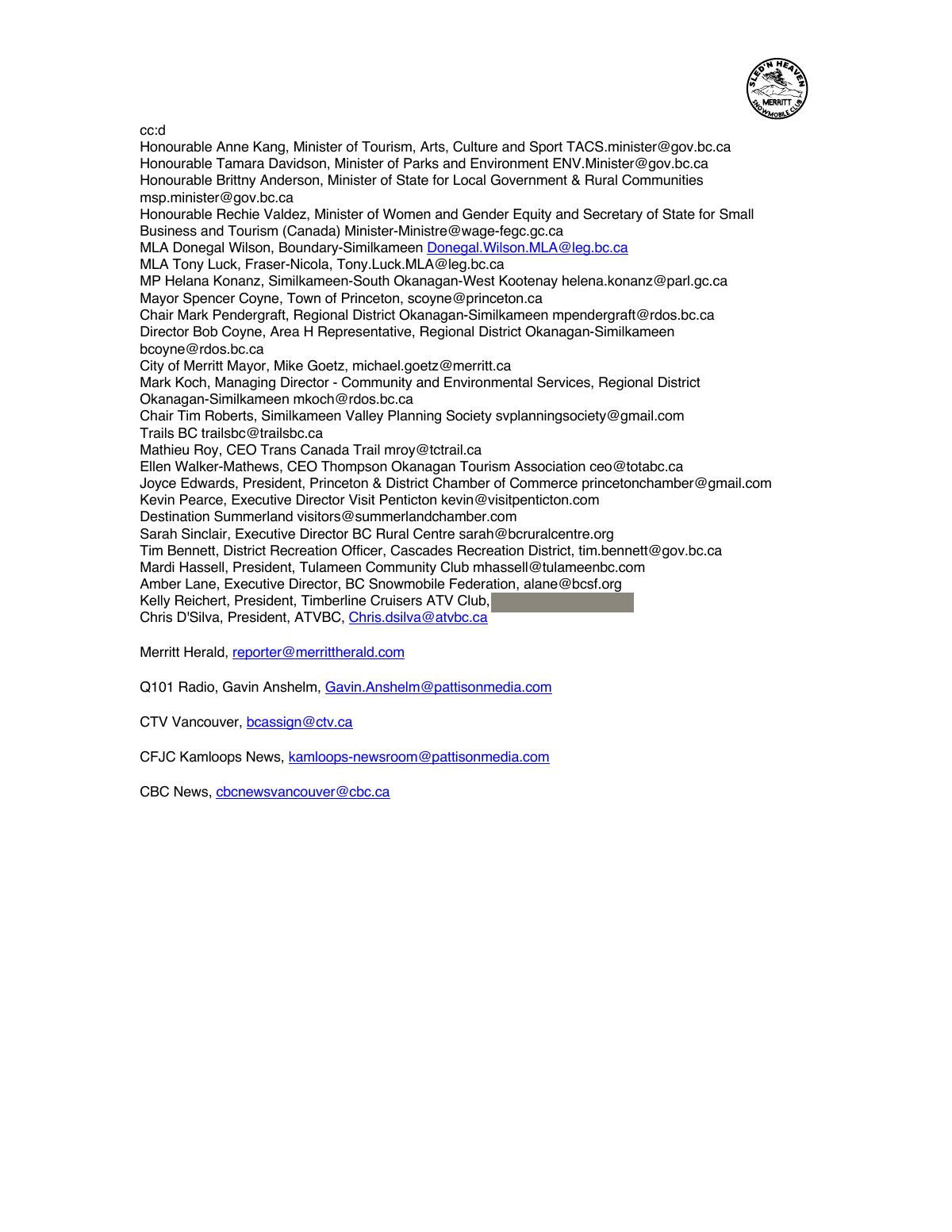 Page 3: the remainder of the copy list, including tourism bodies, trail and recreation organisations and news outlets. One private individual's personal email address is covered by a grey bar.
