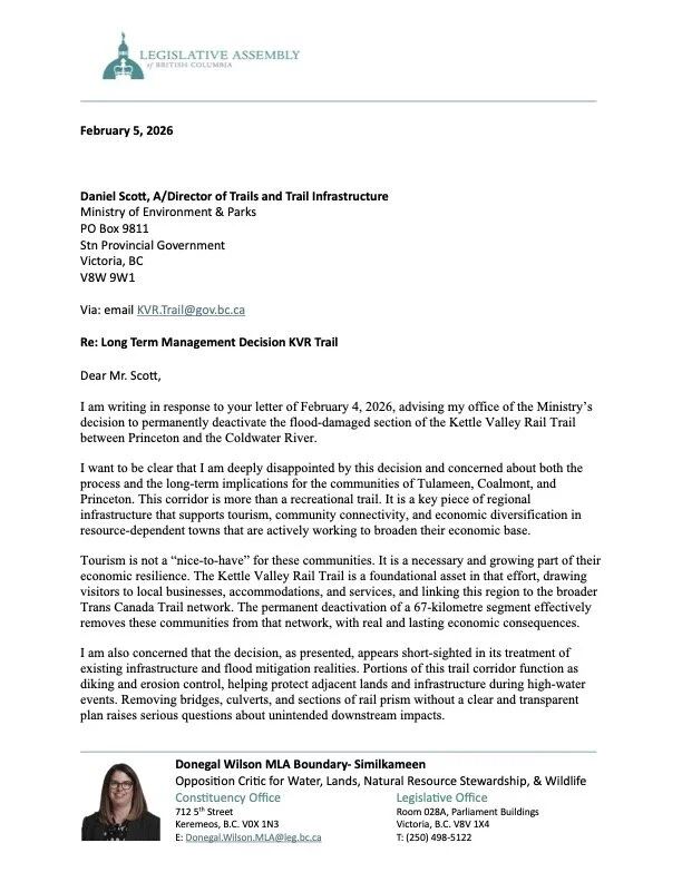 Page 1 of Donegal Wilson's letter of 5 February 2026 on Legislative Assembly letterhead to Daniel Scott, responding to the ministry's letter of 4 February: she is deeply disappointed by the decision, says tourism is not a nice-to-have for Tulameen, Coalmont and Princeton, and says the decision appears short-sighted on existing infrastructure and flood mitigation.
